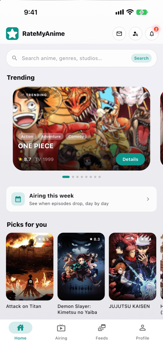 The Rate My Anime home screen showing trending series and personalised picks