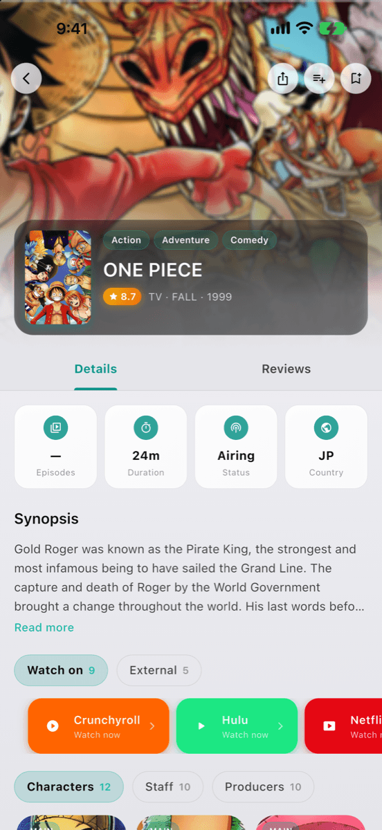 An anime detail page showing rating, synopsis and where to watch