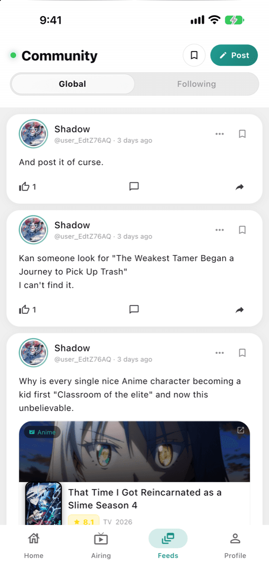 The community feed showing posts from other users